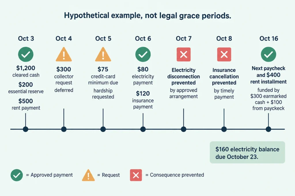Hypothetical timeline separating bill requests, consequence dates, and approved payments, with $300 reserved toward the next rent installment.
