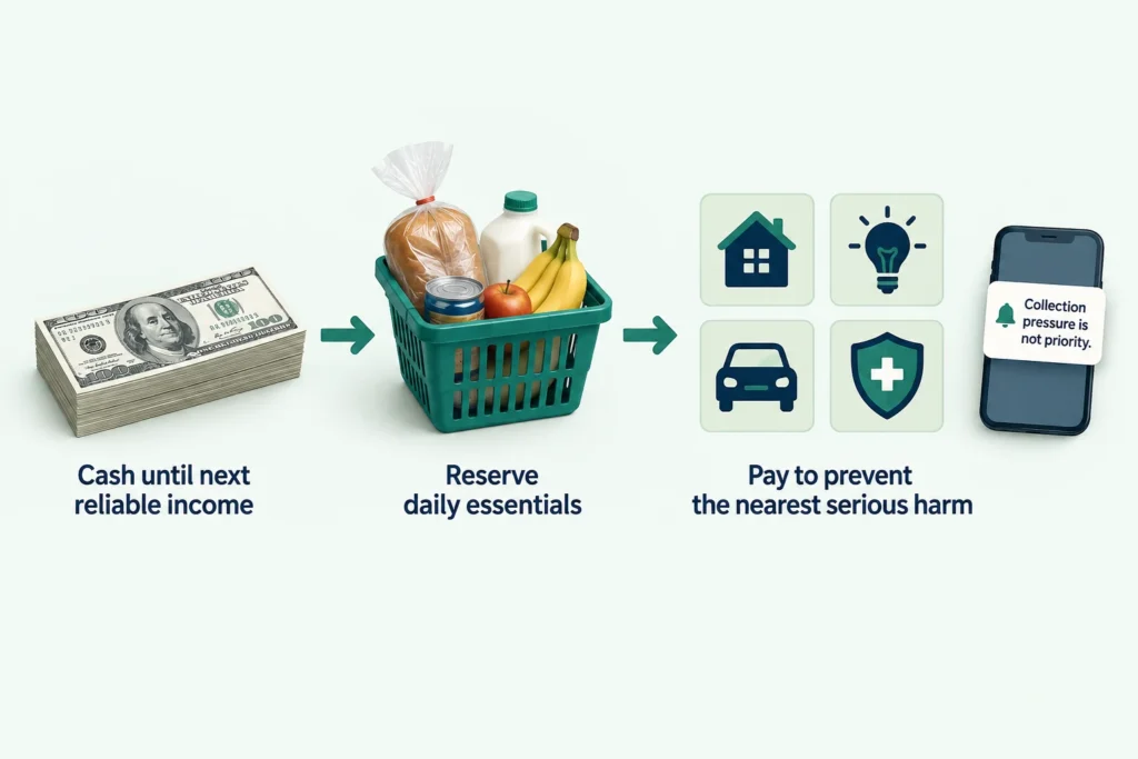 Bill-prioritization diagram showing cash reserved for daily essentials before payments are chosen by consequence and timing.